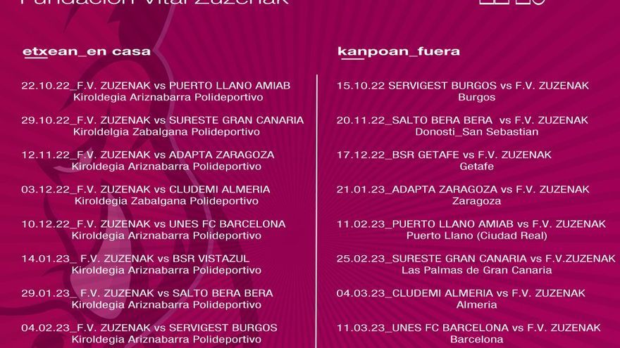 Calendario del Fundación Vital Zuzenak para la temporada 2022-23