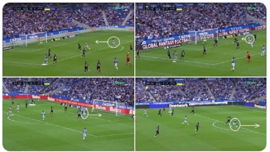 El centro del extremo galo buscó el segundo palo. Y declaró Álex Remiro tras el partido que así se había trabajado, ya que la zaga de tres centrales del Atlético podía sufrir para cerrar en esa zona. Lo cierto es que el equipo buscó constantemente la parcela cuando alcanzó la línea de fondo, como apreciamos en esta sucesión de acciones (incluida la del gol).