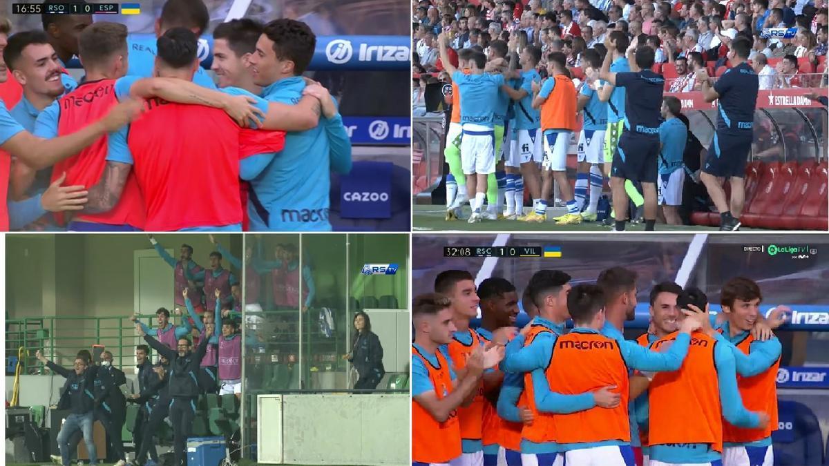 Los suplentes de la Real celebran el respectivo 1-0 de los cuatro últimos partidos, contra Espanyol, Girona, Sheriff y Villarreal.