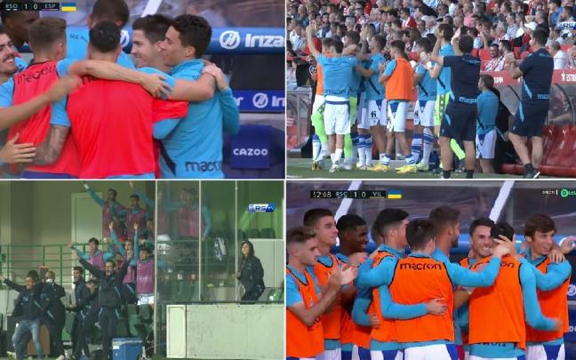 Los suplentes de la Real celebran el respectivo 1-0 de los cuatro últimos partidos, contra Espanyol, Girona, Sheriff y Villarreal.