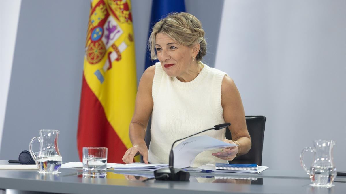 La vicepresidenta segunda y ministra de Trabajo y Economía Social, Yolanda Díaz, durante una rueda de prensa posterior al Consejo de Ministros.