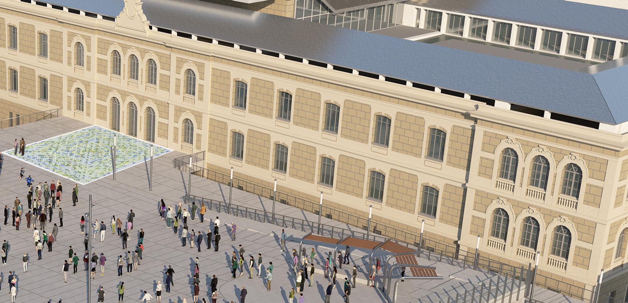 Montaje del mosaico de Esther Ferrer en la futura plaza de Tabakalera.