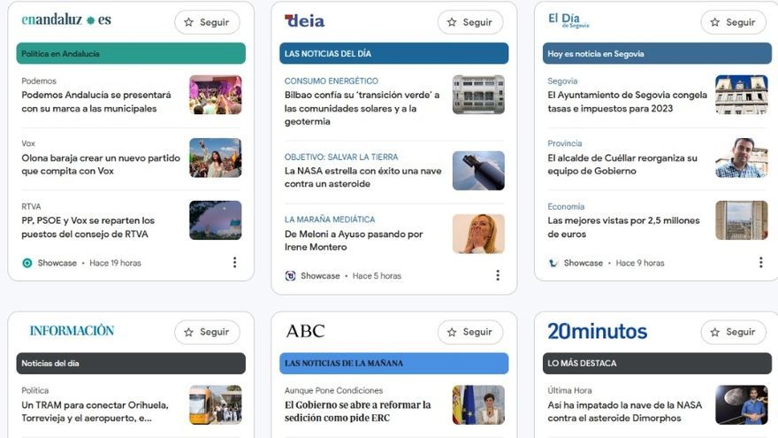 Paneles en los que se ofrecerá la información personalizada de DEIA a través de la nueva herramienta de Google News Showcase