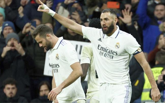 Benzema celebra su gol en la prórroga al Atlético de Madrid. Benzema celebra su gol en la prórroga al Atlético de Madrid.