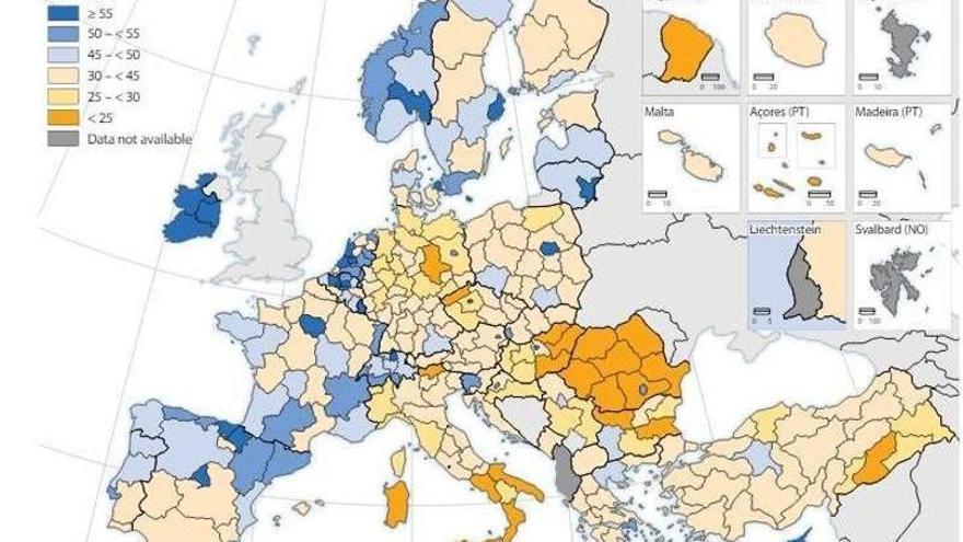 Mapa en el que se observa por regiones el porcentajesde jóvenes de entre 25 y 34 años con estudios superiores.