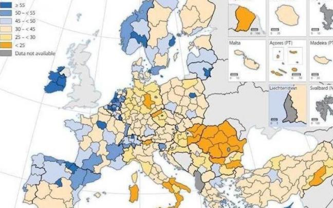 Mapa en el que se observa por regiones el porcentajesde j&oacute;venes de entre 25 y 34 a&ntilde;os con estudios superiores.