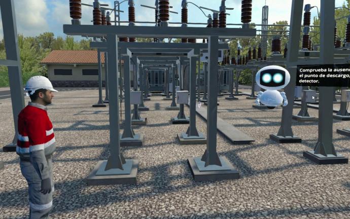 Imagen de un simulador de realidad virtual de Virtualware para el entrenamiento de maniobras en subestaciones eléctricas.