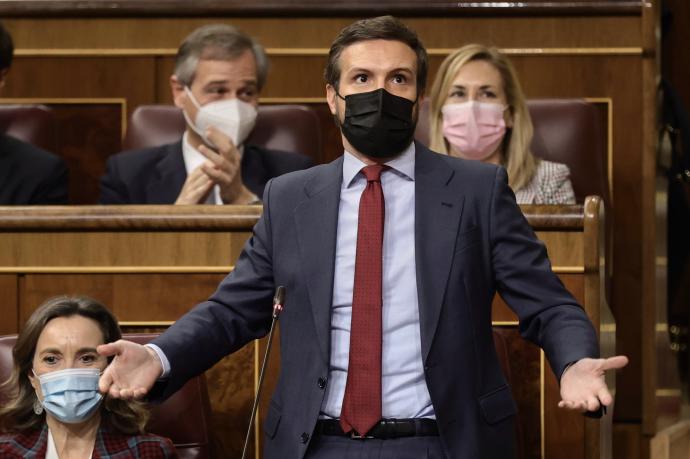 El líder del PP, Pablo Casado, interviene en una sesión plenaria en el Congreso.