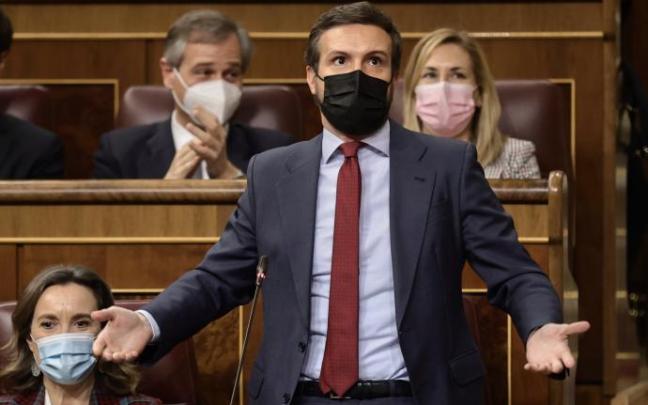 El líder del PP, Pablo Casado, interviene en una sesión plenaria en el Congreso.