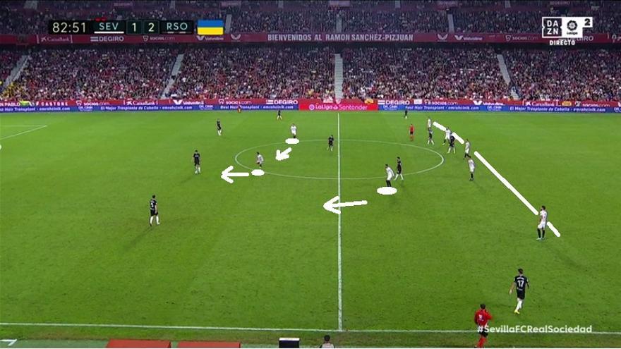 SEGUNDA FASE DEL SEGUNDO TIEMPO: los locales adelantan líneas, tienen la ocasión de En-Nesyri y los txuri-urdin, mientras, la de Marín a la contra.