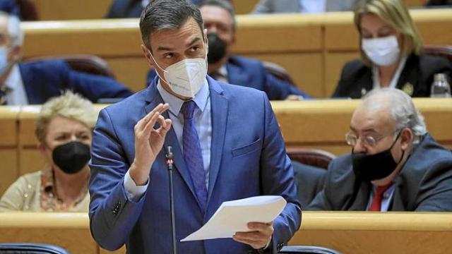 Pedro Sánchez, ayer, durante su intervención en el Pleno de Presupuestos del Senado. Foto: Efe