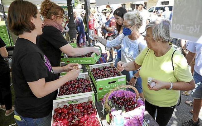 Productores de Etxauri y localidades vecinas venden sus cerezas a los visitantes durante la II Edición de la Feria de la Cereza.
