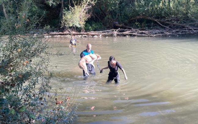 Momento en el que el agente saca al perro del río. Momento en el que el agente saca al perro del río.