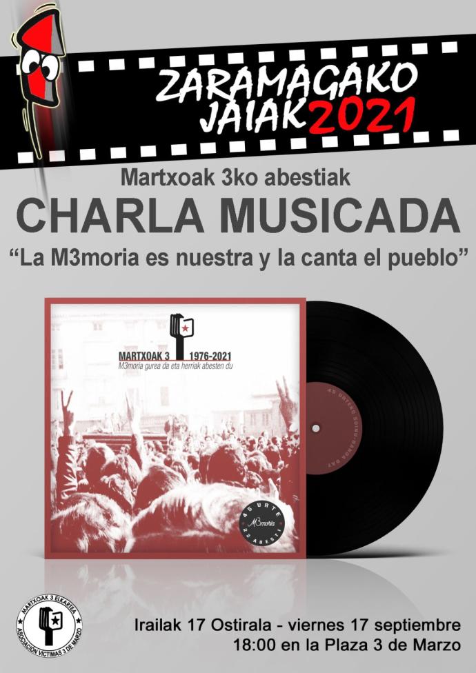 Cartel sobre la charla musicada del 3 de marzo en las fiestas de Zaramaga.