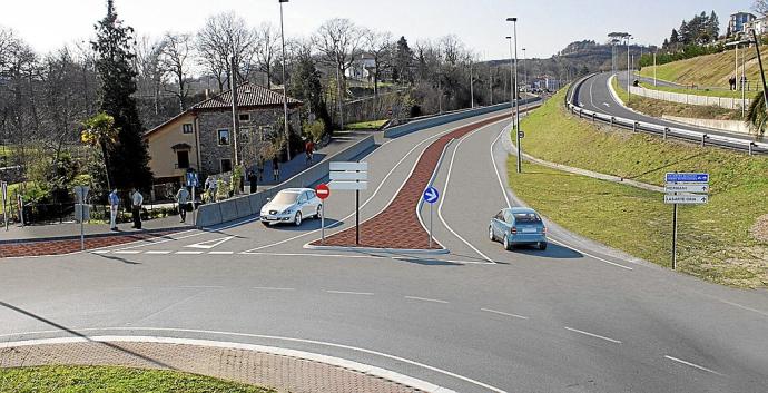 Imagen virtual de cómo será la conexión entre la rotonda de Karmengo Ama y el nuevo tramo, con el caserío Unanue Berri a la izquierda. Foto: N.G.