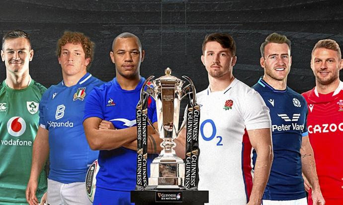 Los capitanes de Irlanda, Italia, Francia, Inglaterra, Escocia y Gales: Jonathan Sexton, Michele Lamaro, Gael Fickou, Tom Curry, Stuart Hogg y Dan Biggar. Foto: N.G.