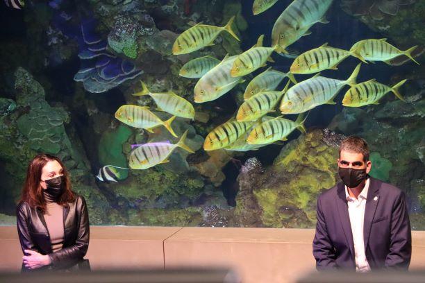 Cristina Iglesias y Eneko Goia, en el Aquarium, durante la presentación del simposio sobre la costa rocosa y la apertura de la obra Hondalea.