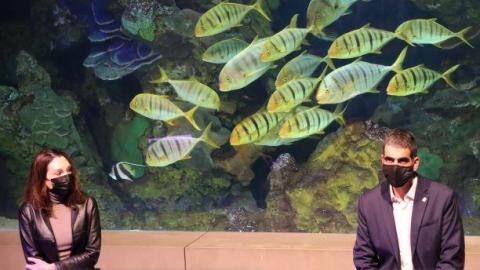 Cristina Iglesias y Eneko Goia, en el Aquarium, durante la presentación del simposio sobre la costa rocosa y la apertura de la obra Hondalea.