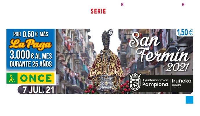 Cupón de la ONCE con una imagen de San Fermín en la procesión