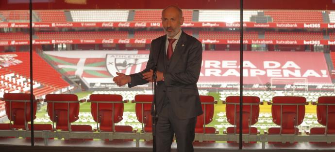 Aitor Elizegi, durante su comparecencia del pasado miércoles en San Mamés.