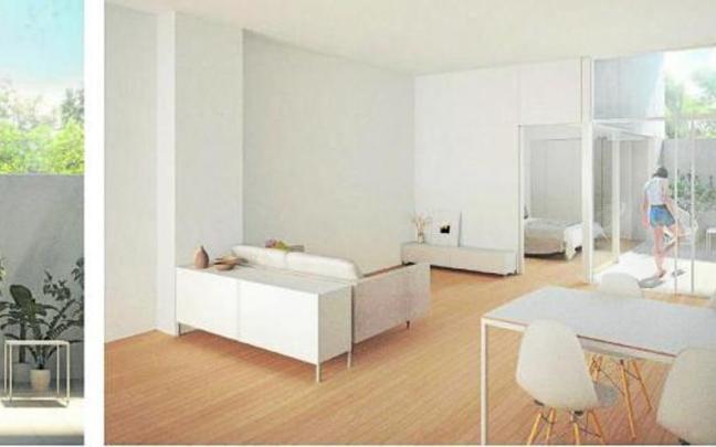 Recreación del interior de los alojamientos. Ocuparán los bajos comerciales en la esquina de Simón de Anda y Portal de Arriaga. Tienen una amplia zona de estancia, cocina, comedor y separados están el aseo y el dormitorio del a