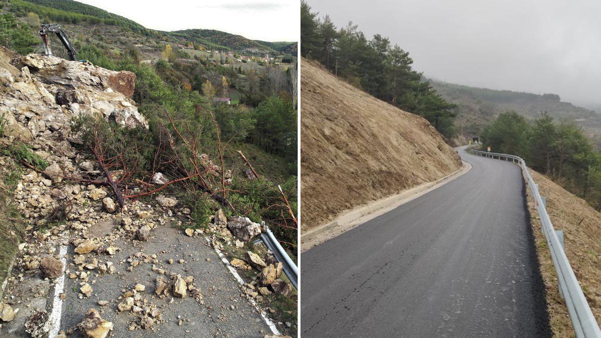 A la izquierda, la carretera a Ilurdotz tras el desprendimiento, y a la derecha, una vez arreglada.