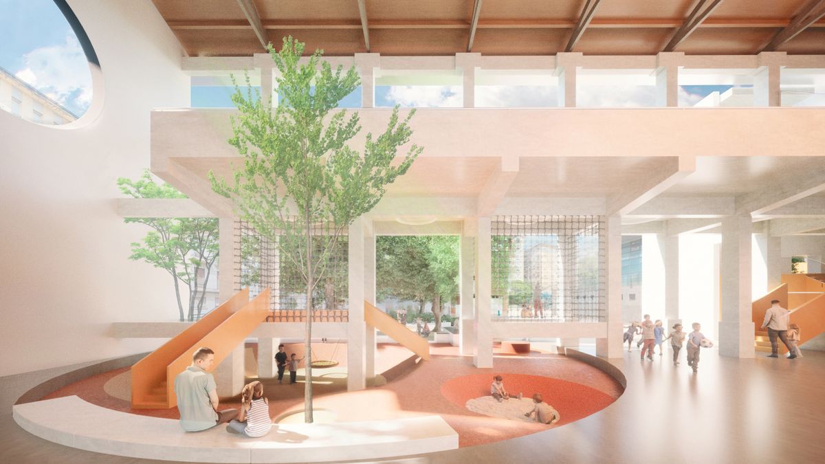 Infografía del frontón Lizarra abierto desde el barrio de Lizarra.