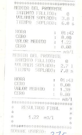 Imagen de los resultados de la prueba de etilometría