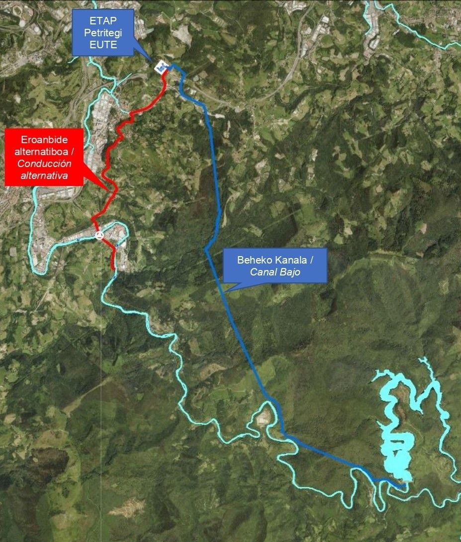 Plano con la explicación del actual Canal Bajo de Añarbe (en azul) y la futura construcción de la conducción alternativa (en rojo)