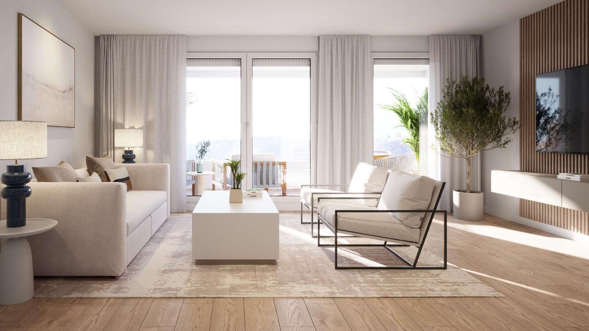 Así serán los salones de las futuras viviendas de Eulice, la nueva promoción de AEDAS Homes en Barañáin.