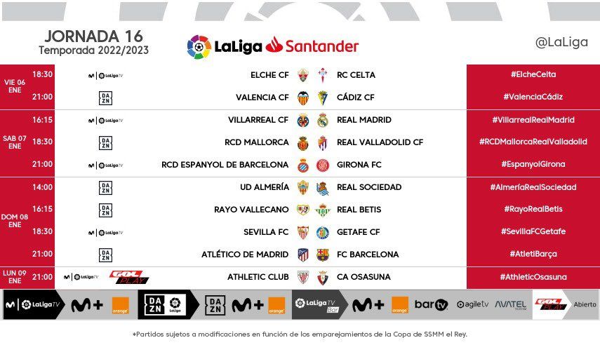 Imagen de los horarios de la Jornada 16