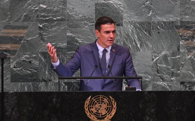 Pedro Sánchez durante su discurso ante la Asamblea General de Naciones Unidas. Pedro Sánchez durante su discurso ante la Asamblea General de Naciones Unidas.
