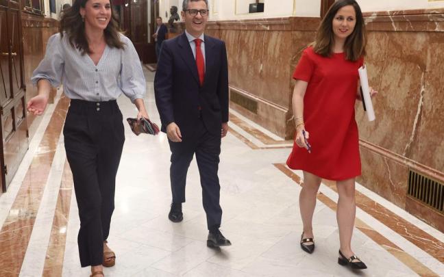 La ministra de Igualdad, Irene Montero; el ministro de la Presidencia, Félix Bolaños; y la ministra de Derechos Sociales y Agenda 2030, Ione Belarra. La ministra de Igualdad, Irene Montero; el ministro de la Presidencia, Félix Bolaños; y la ministra de Derechos Sociales y Agenda 2030, Ione Belarra.