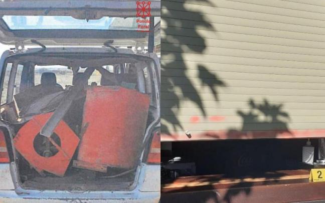 A la izquierda, imagen de la furgoneta con el material sustra&iacute;do, y a la derecha, persiana forzada por la que accedieron al lugar del robo en Tafalla.