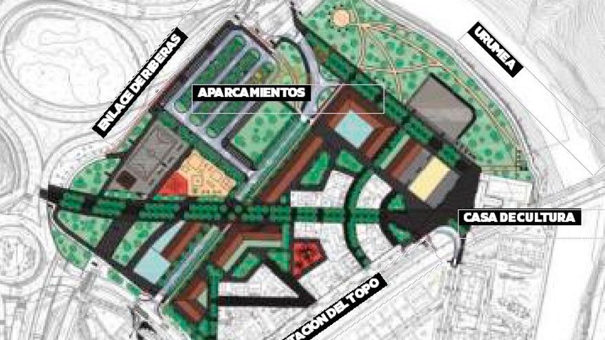 Mapa de la futura urbanización de Ciudad Jardín de Loiola con zonas verdes y las viviendas señaladas en rojo.