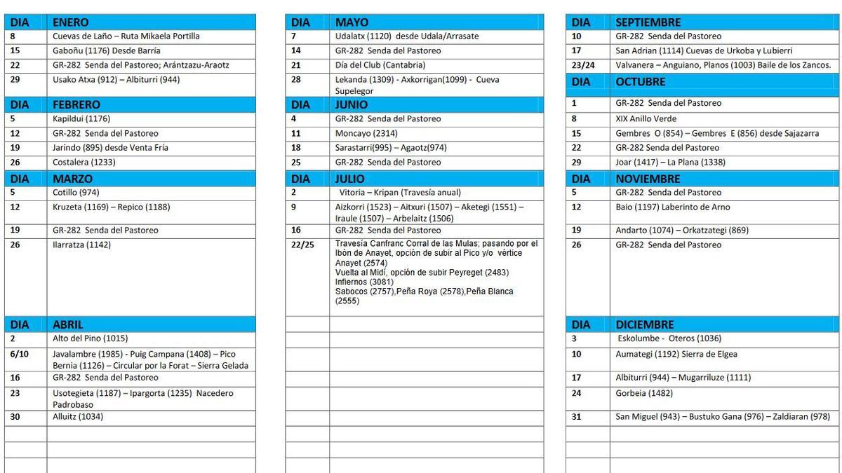 Calendario de actividades para 2023 de Peña Karria