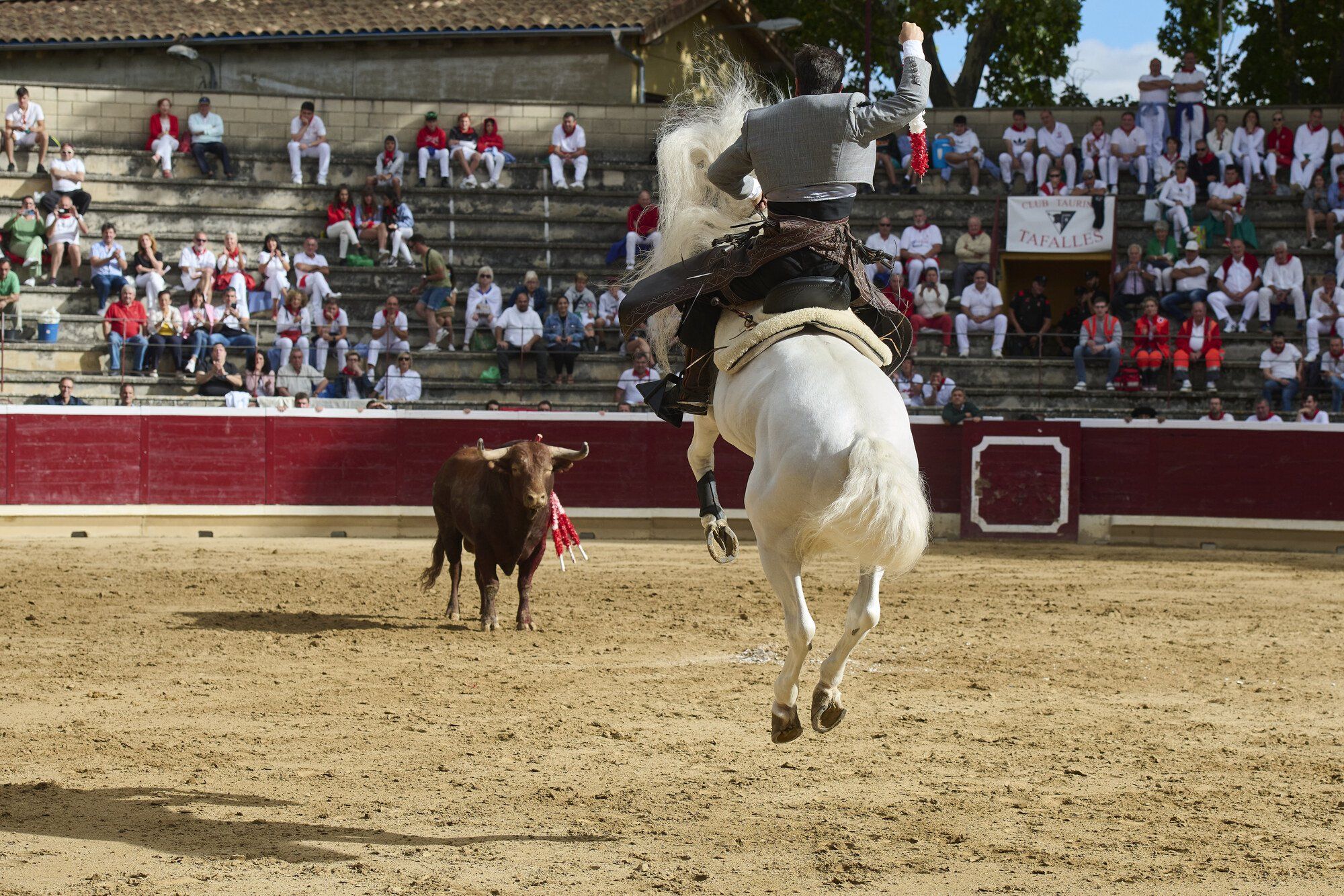 Sergio Domínguez cita al primer toro, el colorado ‘Madrugador’, con el salto de su montura en banderillas.