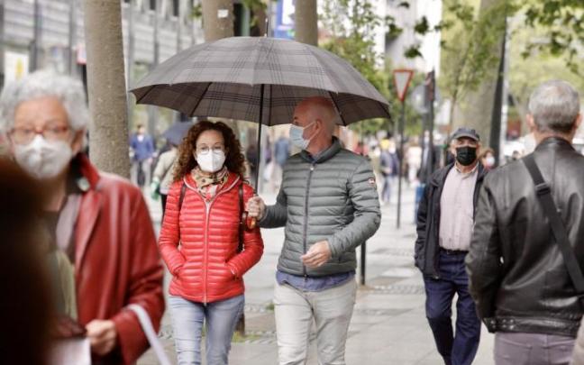 Personas andando por la calle con mascarilla.
