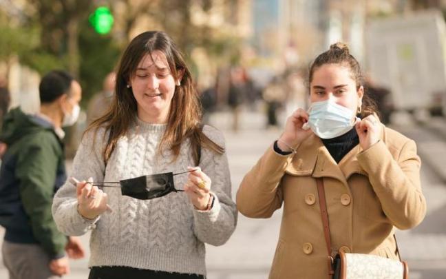 Dos jóvenes se quitan la mascarilla.