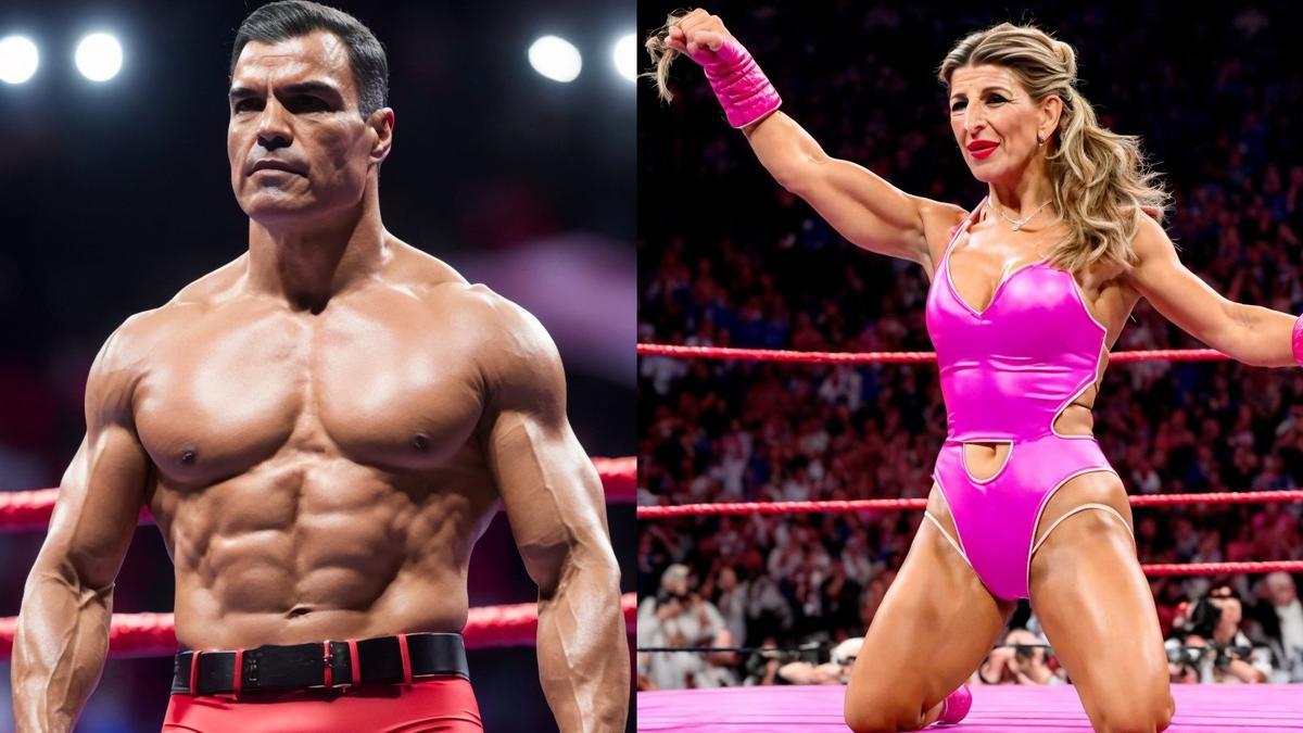 Pedro Sánchez y Yolanda Díaz, convertidos en estrellas de lucha libre.