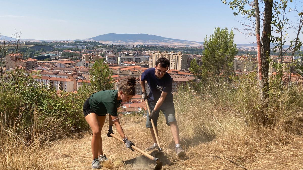 Dos jóvenes, trabajan en el desbroce de los accesos al monte Ezkaba