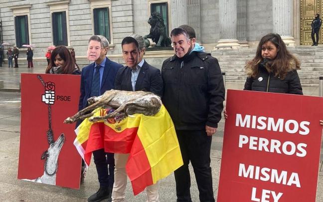 Animalistas protestan ante el Congreso con un galgo muerto en brazos. Animalistas protestan ante el Congreso con un galgo muerto en brazos.