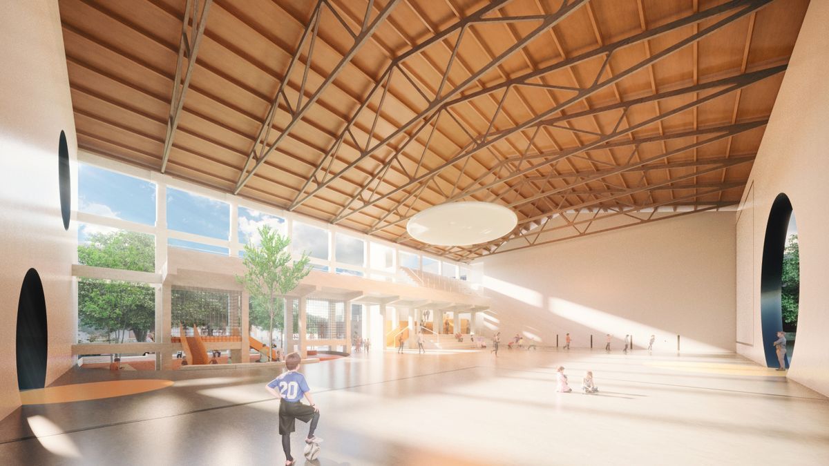 Infografía del frontón Lizarra abierto desde el barrio de Lizarra.