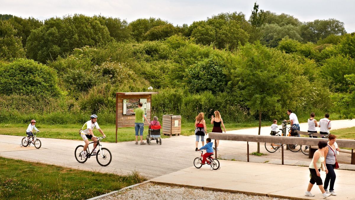 Panorámica de gente en un parque urbano de Vitoria.