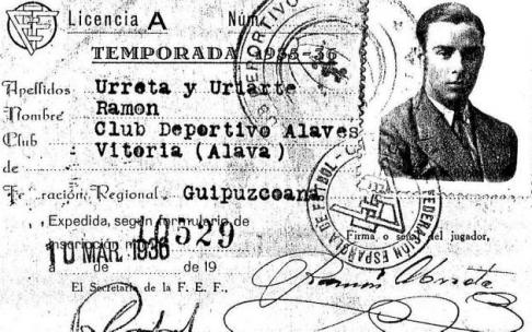 Licencia deportiva de Ramón Urreta en 1936, firmada por Ricardo Cabot secretario de la Nacional. Urreta jugó veintitrés partidos en Primera División (1931-32 y 32-33) como albiazul. Foto: Archivo del autor