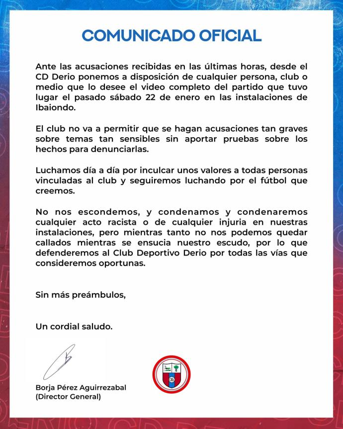Comunicado oficial emitido por el Club Deportivo Derio
