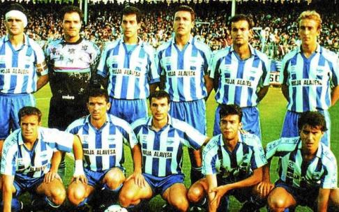 13 /06/1993. ‘Play Off’. Deportivo Alavés-Real Jaén (2- 0). De pie (izda. a dcha.): Josu Ugarte, Alfonso Núñez, ‘Gelo’, ‘Toni’, Eladio y Aitor Arregui. Agachados (izda. a dcha.): Manolo Serrano, Portela, ‘Frank’, Jaume y Barrio 13 /06/1993. ‘Play Off’. Deportivo Alavés-Real Jaén (2- 0). De pie (izda. a dcha.): Josu Ugarte, Alfonso Núñez, ‘Gelo’, ‘Toni’, Eladio y Aitor Arregui. Agachados (izda. a dcha.): Manolo Serrano, Portela, ‘Frank’, Jaume y Barrio