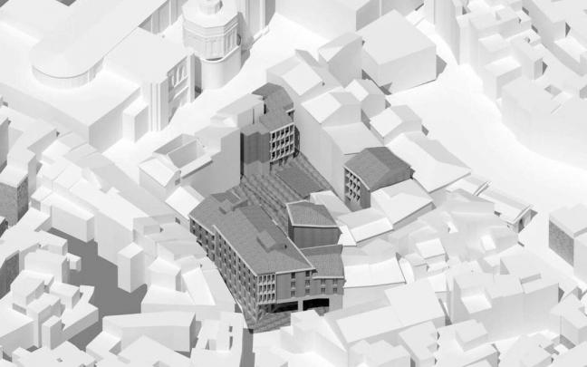 Vista aérea, por ordenador, del futuro proyecto de la plaza del Horno Coscolín en el Casco Antiguo de Tudela.