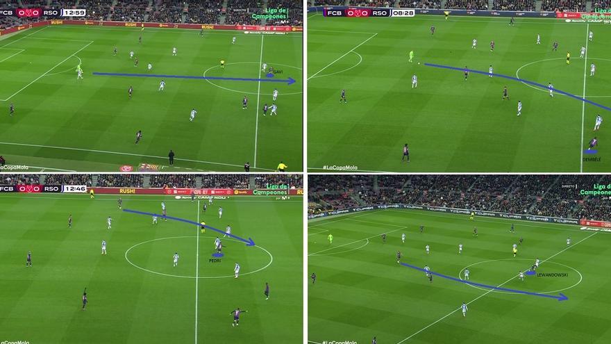 El Barça demostró tener muy trabajado este panorama, y con un gran Ter Stegen como principal lanzador, generó muchos problemas buscando la profundidad a la espalda de la zaga realista. Con buenos movimientos para vaciar la zona, Lewandowski-Gavi-Pedri-Dembélé alternaron amenaza.