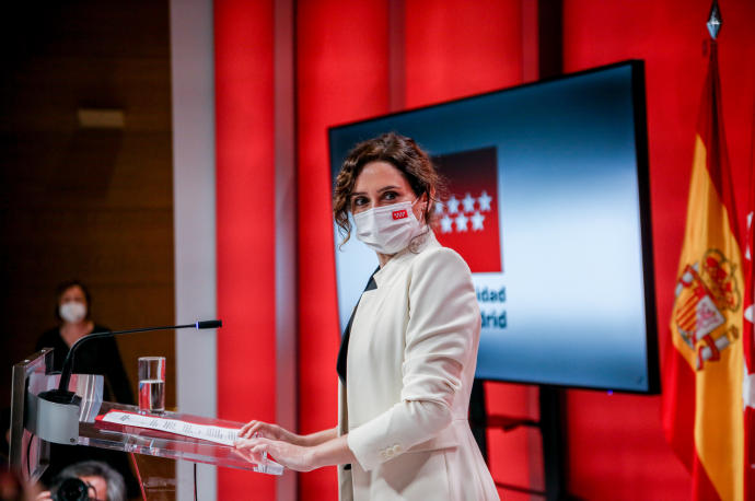 Isabel Díaz Ayuso durante su comparecencia en la sede del PP de Madrid.